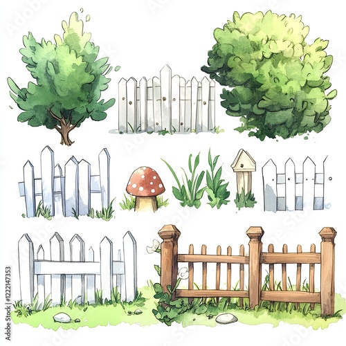 Watercolor illustration of a white picket fence, bushes, grass, a mushroom, and a birdhouse. photo