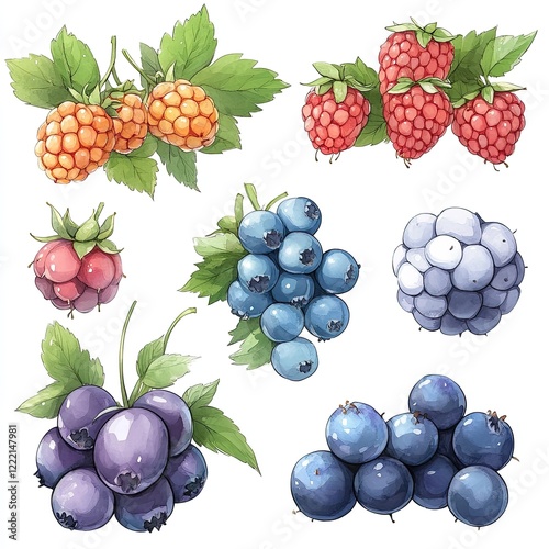 Watercolor illustration of assorted berries, including raspberries, blueberries, and cloudberries.