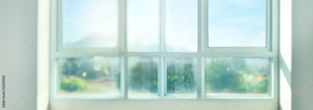 Blurred images background of big window glass with mountain view in fresh morning day. Blurred images background of big window glass with mountain view in fresh morning day.