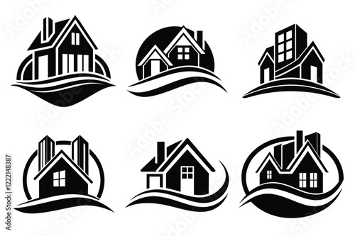 Real Estate icon set. Vector illustration. The collection contains icons: House, Real Estate Insurance, Real Estate Agent, House Key, Domestic Life, Real Estate Construction, Relocation, Home.