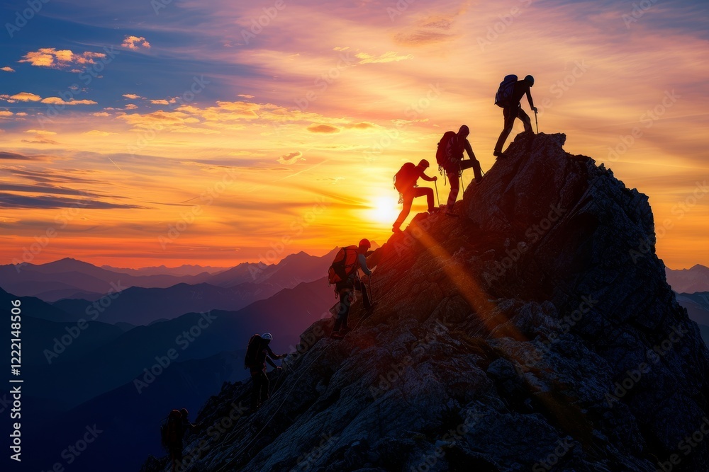 A group of mountain climbers reaching the peak during a stunning sunset with vibrant colors illuminating the sky and surrounding mountains A group of mountain climbers reaching the peak during a stunning sunset with vibrant colors illuminating the sky and surrounding mountains