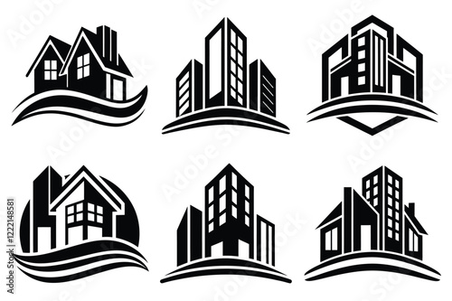 Real Estate icon set. Vector illustration. The collection contains icons: House, Real Estate Insurance, Real Estate Agent, House Key, Domestic Life, Real Estate Construction, Relocation, Home.