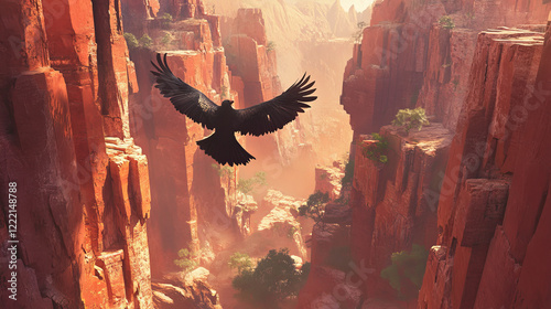 Crow fly in canyon with red mountains. Vector cartoon landscape of gorge with stone cliffs and rocks and flying raven, wild bird with black wings and orange beak photo