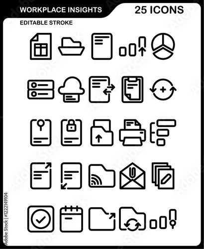 a set of icons containing office report themes with editable strokes, icons contain symbols needed for the office