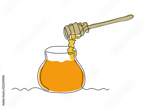 abstract jar of honey and spoon for honey, continuous single one line art hand drawing sketch logo