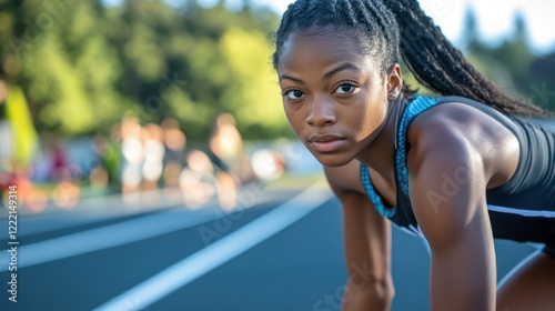 Focused athlete at track meet, ready to sprint