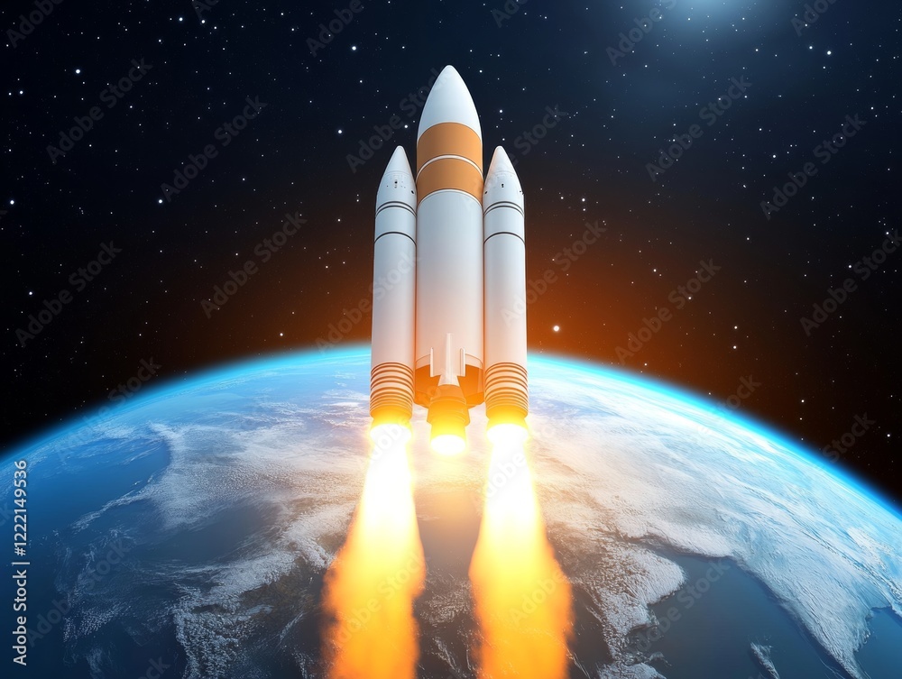 Naklejka premium Rocket Taking Off from Earth with Planet in the Background, Space Exploration Concept