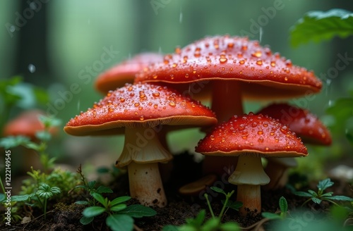 bright orange mushrooms thriving on a moss-covered forest floor during a rainy season. 