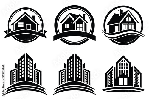 Real Estate icon set. Vector illustration. The collection contains icons: House, Real Estate Insurance, Real Estate Agent, House Key, Domestic Life, Real Estate Construction, Relocation, Home.