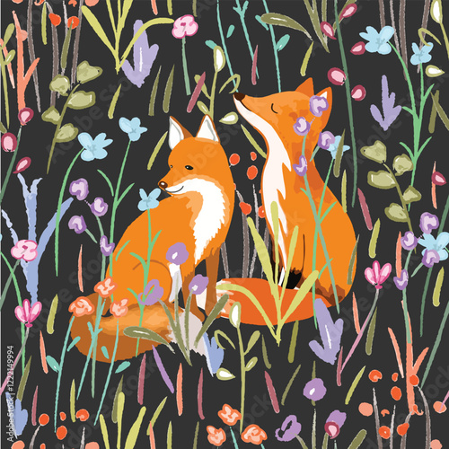 A couple wolf fox in wildflower forest seamless pattern