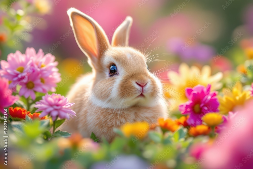 Fluffy bunny looking up from a colorful flower bed with vibrant background Fluffy bunny looking up from a colorful flower bed with vibrant background