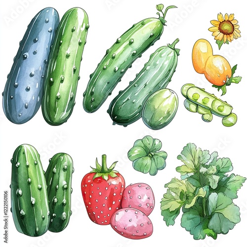 Watercolor illustration of cucumbers, strawberries, tomatoes, sunflower, and leaves.