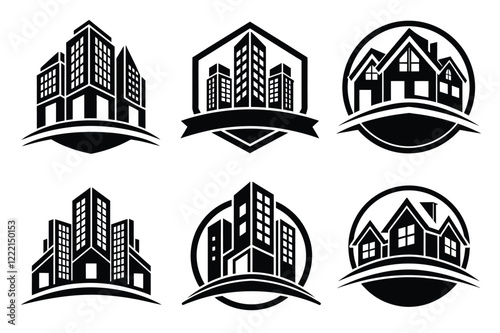Real Estate icon set. Vector illustration. The collection contains icons: House, Real Estate Insurance, Real Estate Agent, House Key, Domestic Life, Real Estate Construction, Relocation, Home.