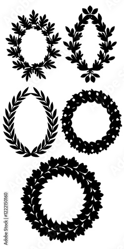 Set black silhouette circular laurel foliate, wheat and oak wreaths depicting an award, achievement, heraldry, nobility on white background. Emblem floral greek branch flat style.
