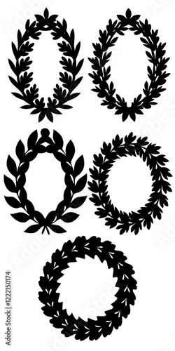 Set black silhouette circular laurel foliate, wheat and oak wreaths depicting an award, achievement, heraldry, nobility on white background. Emblem floral greek branch flat style.