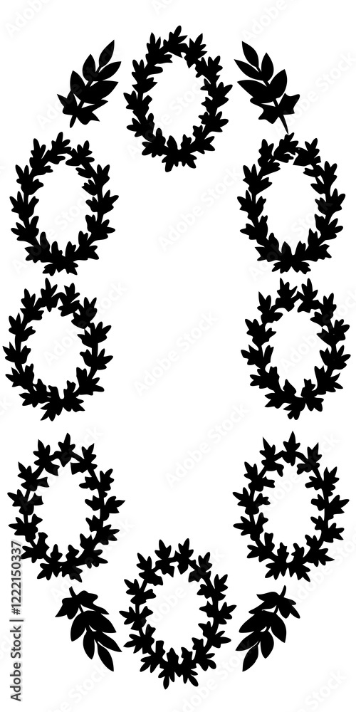 Set black silhouette circular laurel foliate, wheat and oak wreaths depicting an award, achievement, heraldry, nobility on white background. Emblem floral greek branch flat style. Set black silhouette circular laurel foliate, wheat and oak wreaths depicting an award, achievement, heraldry, nobility on white background. Emblem floral greek branch flat style.