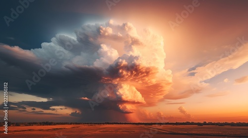 Majestic towering thunderhead cloud dramatically lit by the warm glow of the setting sun creating a stunning and natural spectacle in the sky