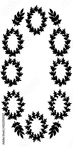Set black silhouette circular laurel foliate, wheat and oak wreaths depicting an award, achievement, heraldry, nobility on white background. Emblem floral greek branch flat style.