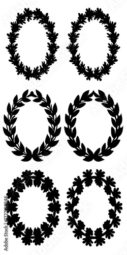 Set black silhouette circular laurel foliate, wheat and oak wreaths depicting an award, achievement, heraldry, nobility on white background. Emblem floral greek branch flat style.