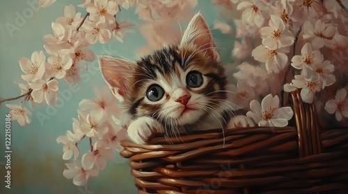 A charming kitten peeks out from a woven basket surrounded by delicate cherry blossoms, capturing the essence of springtime and innocence in a heartwarming scene. photo