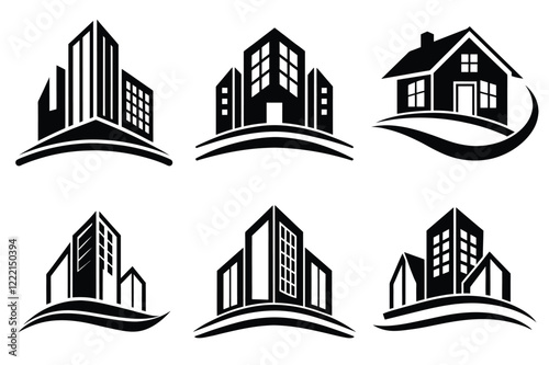 Real Estate icon set. Vector illustration. The collection contains icons: House, Real Estate Insurance, Real Estate Agent, House Key, Domestic Life, Real Estate Construction, Relocation, Home.