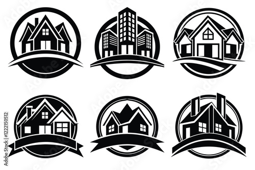 Real Estate icon set. Vector illustration. The collection contains icons: House, Real Estate Insurance, Real Estate Agent, House Key, Domestic Life, Real Estate Construction, Relocation, Home.