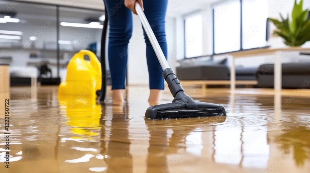 Fototapeta premium A person is cleaning a wet floor with a vacuum cleaner in a bright, modern office space.