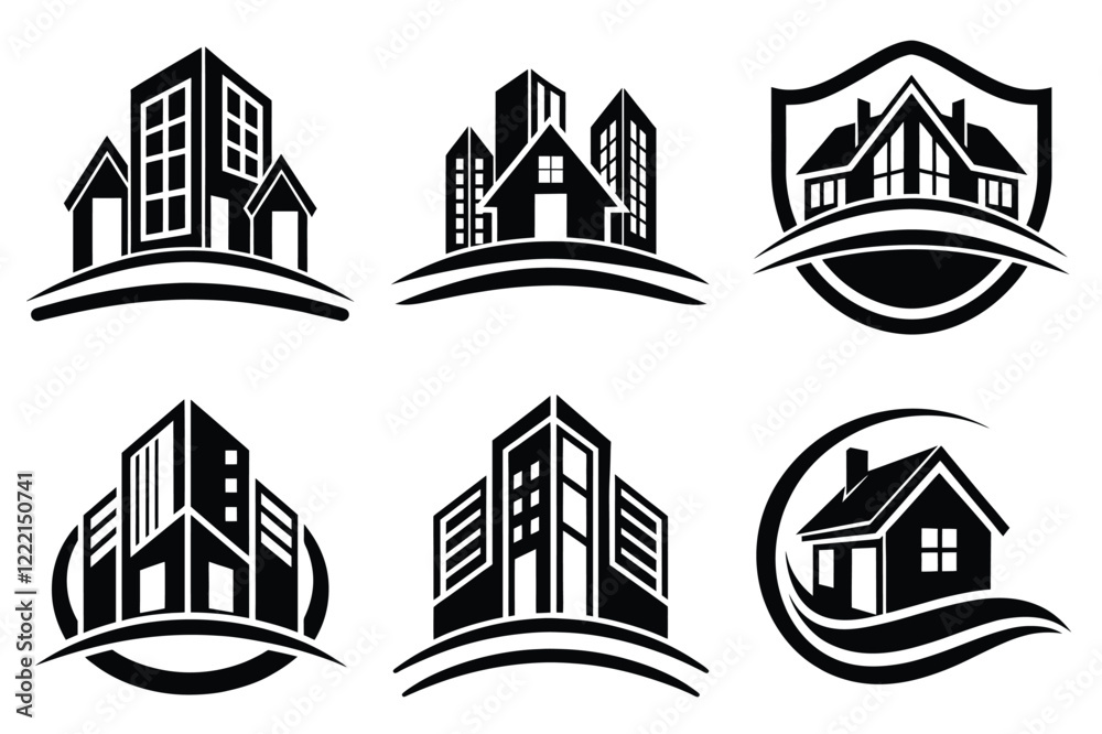 Fototapeta premium Real Estate icon set. Vector illustration. The collection contains icons: House, Real Estate Insurance, Real Estate Agent, House Key, Domestic Life, Real Estate Construction, Relocation, Home.