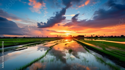 Stunning 16 9 panoramic image capturing the breathtaking beauty of a vibrant sunset with clouds reflecting perfectly in a serene rice field landscape