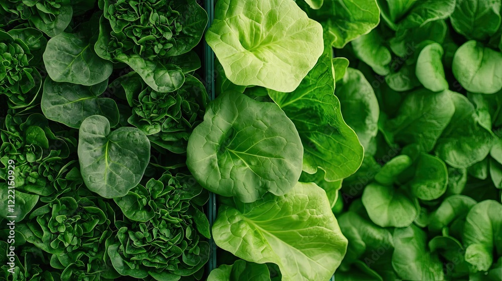 Fototapeta premium Urban agriculture gardening concept. Close-up view of fresh green lettuce leaves in vibrant shades of green.