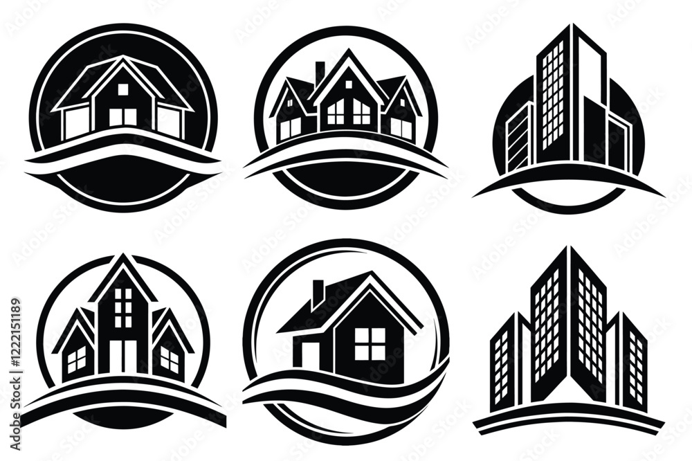 Obraz premium Real Estate icon set. Vector illustration. The collection contains icons: House, Real Estate Insurance, Real Estate Agent, House Key, Domestic Life, Real Estate Construction, Relocation, Home.
