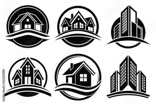 Real Estate icon set. Vector illustration. The collection contains icons: House, Real Estate Insurance, Real Estate Agent, House Key, Domestic Life, Real Estate Construction, Relocation, Home.