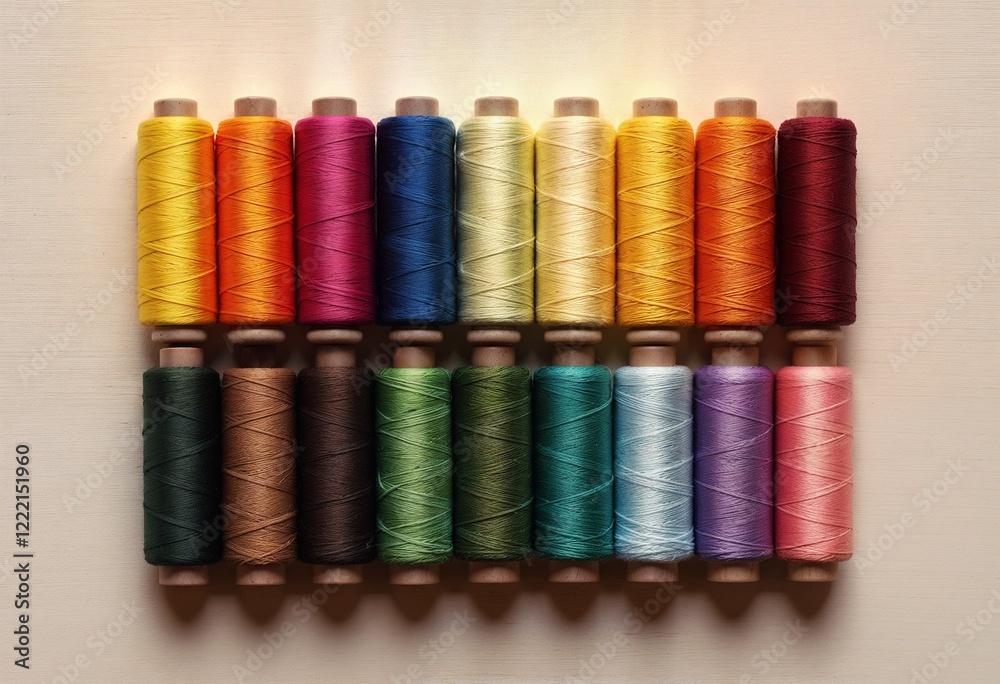 Colorful spools of sewing thread arranged in a neat grid on a light background Colorful spools of sewing thread arranged in a neat grid on a light background