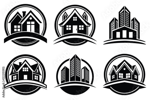 Real Estate icon set. Vector illustration. The collection contains icons: House, Real Estate Insurance, Real Estate Agent, House Key, Domestic Life, Real Estate Construction, Relocation, Home.