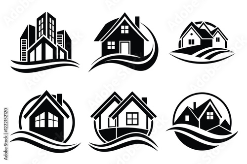 Real Estate icon set. Vector illustration. The collection contains icons: House, Real Estate Insurance, Real Estate Agent, House Key, Domestic Life, Real Estate Construction, Relocation, Home.