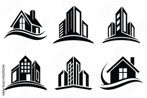 Real Estate icon set. Vector illustration. The collection contains icons: House, Real Estate Insurance, Real Estate Agent, House Key, Domestic Life, Real Estate Construction, Relocation, Home.