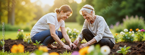 Elderly lady and neighbor gardening together in vibrant flower bed, community bonding