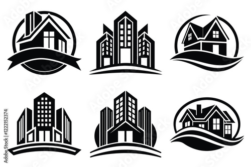 Real Estate icon set. Vector illustration. The collection contains icons: House, Real Estate Insurance, Real Estate Agent, House Key, Domestic Life, Real Estate Construction, Relocation, Home.