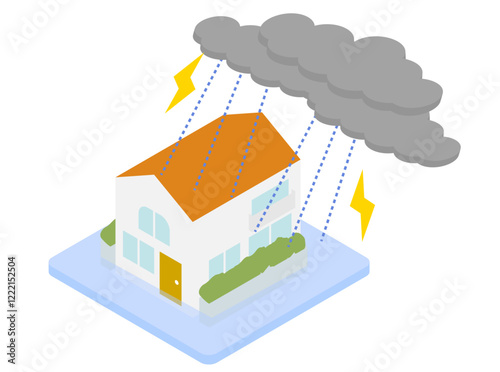 大雨や雷の災害に遭う家のイメージのアイソメトリックイラスト