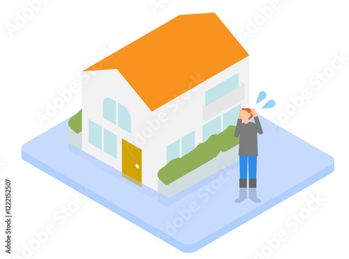 自宅が浸水して頭を抱えている人のイメージのアイソメトリックイラスト