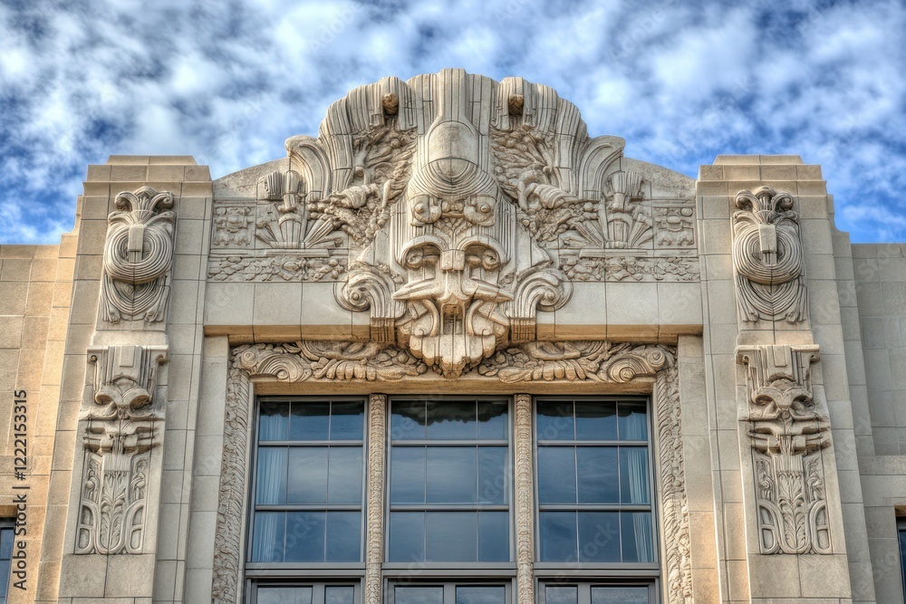 Obraz premium An ornate art deco building with decorative carvings, sculptural windows, and clean lines in stone