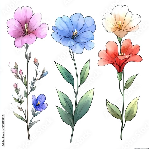 Watercolor illustration of four colorful flowers with green leaves and buds.