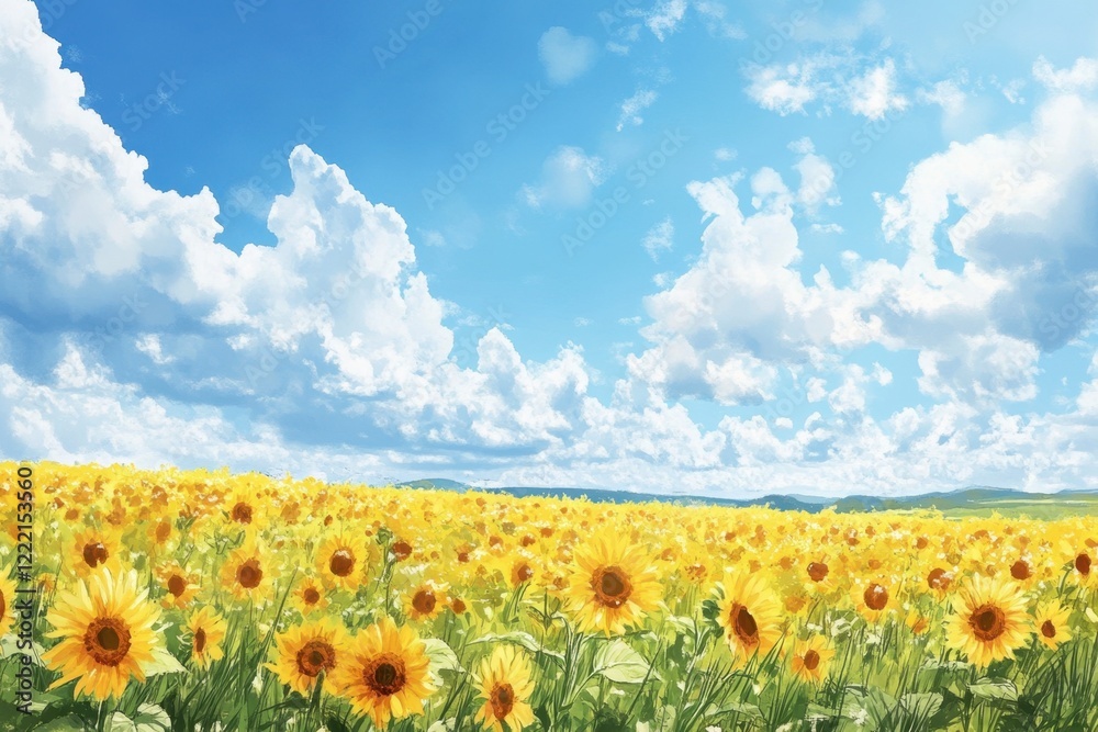 Obraz premium Expansive Sunflower Field Under Blue Sky with Fluffy Clouds