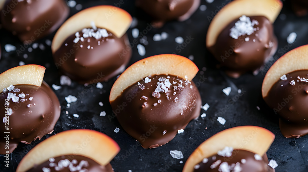 Apple slices dipped in rich chocolate and sprinkled with sea salt. Apple slices dipped in rich chocolate and sprinkled with sea salt.
