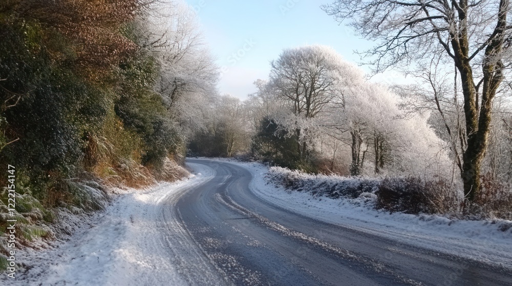 Winter Wonderland Road: Frosty Trees and Winding Path Winter Wonderland Road: Frosty Trees and Winding Path