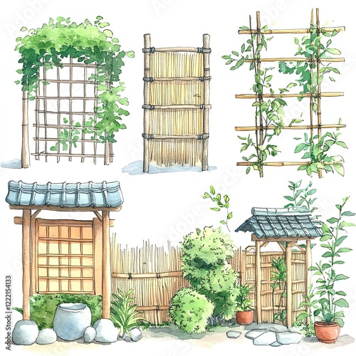 Watercolor illustration of four Japanese garden elements - a bamboo fence, a gate, a trellis, and a bush.