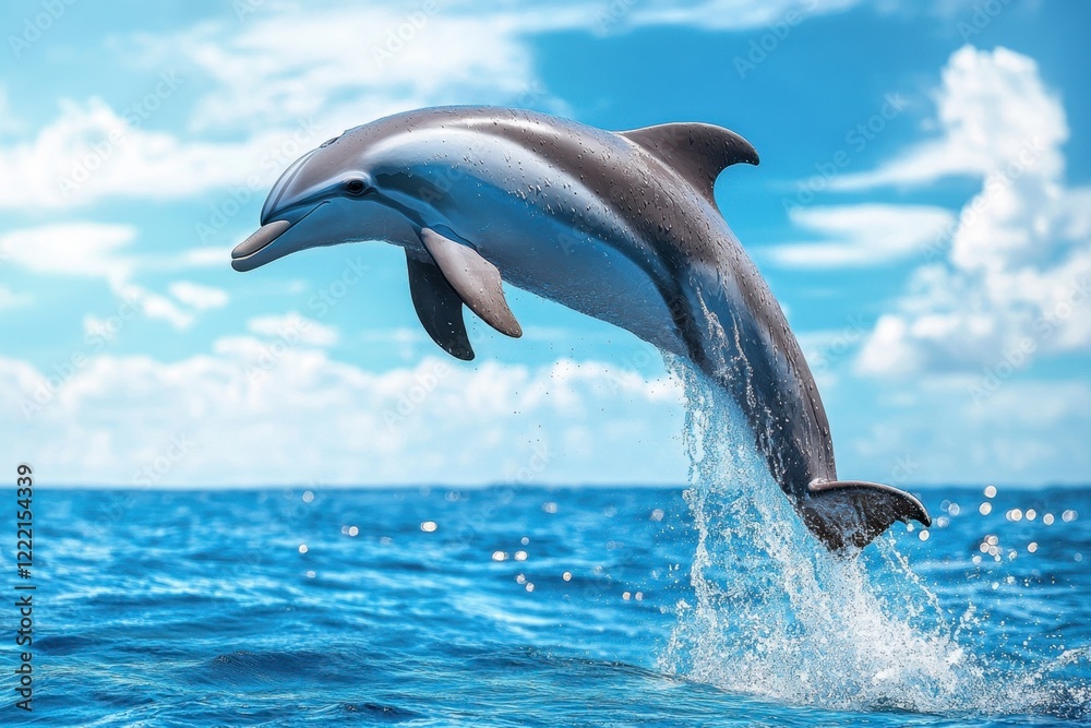Fototapeta premium Playful Dolphin Leaping Above Vibrant Ocean Waters Under Blue Sky