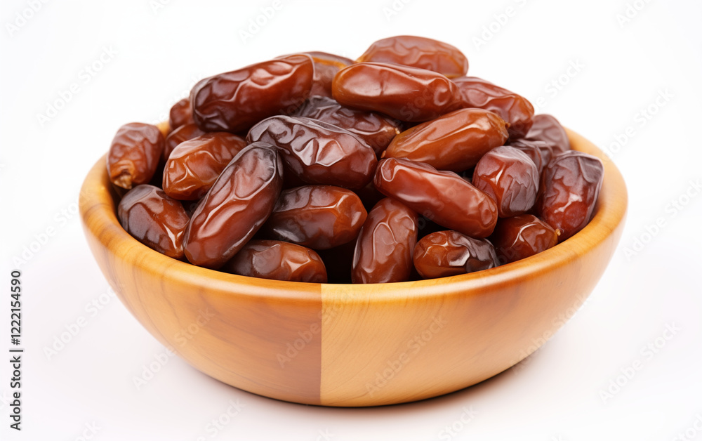 a wooden bowl of dates with full honey on the spoon beside on white background a wooden bowl of dates with full honey on the spoon beside on white background