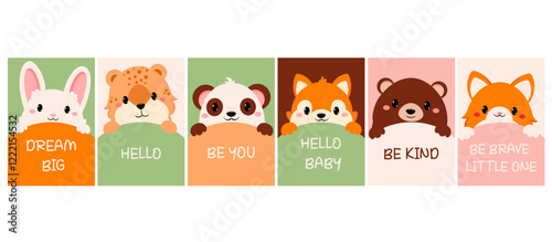 Decorative template flyer, placard, sticker, label with cute animals. Copy space for text. Can be used for greeting, decoration, congratulation, baby shower, notes, scrapbooking design. Vector EPS8