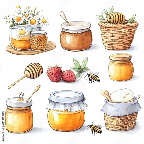 Watercolor illustration of honey jars, bees, and honeycombs with a bouquet of daisies and strawberries.